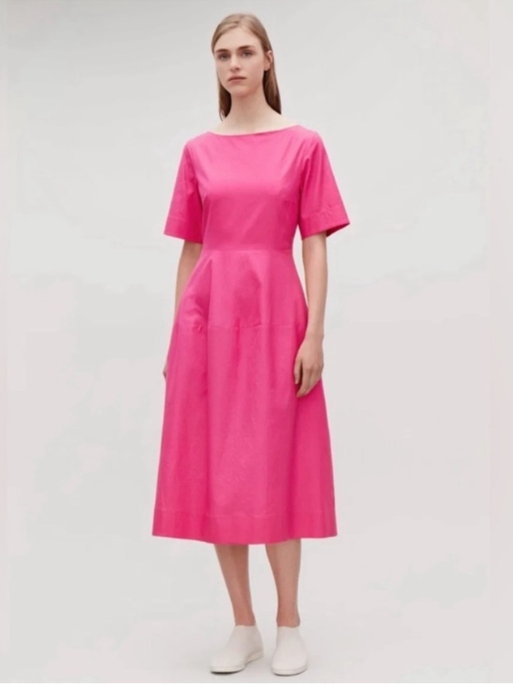 COS Waisted Short-Sleeve Pink Cotton Dress